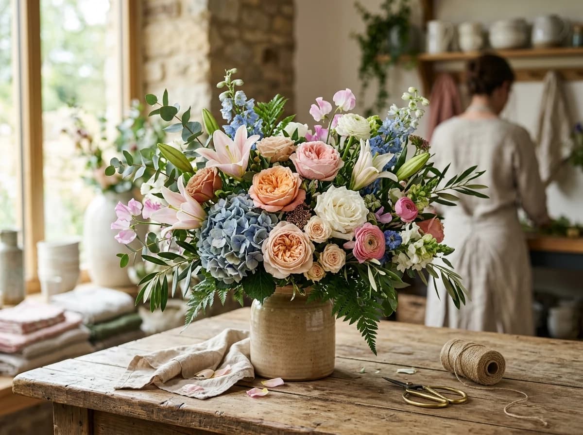 Close-up of a beautifully composed, luxurious bouquet of fresh flowers.