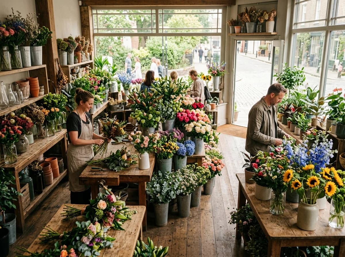 Bright, bustling flower shop interior with fresh blooms and rustic displays.