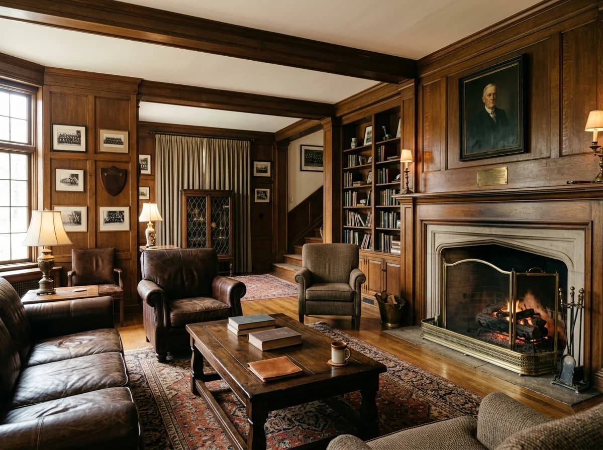 Warmly lit, well-maintained interior of a historic fraternity chapter house living room, with classic furniture and architectural details.