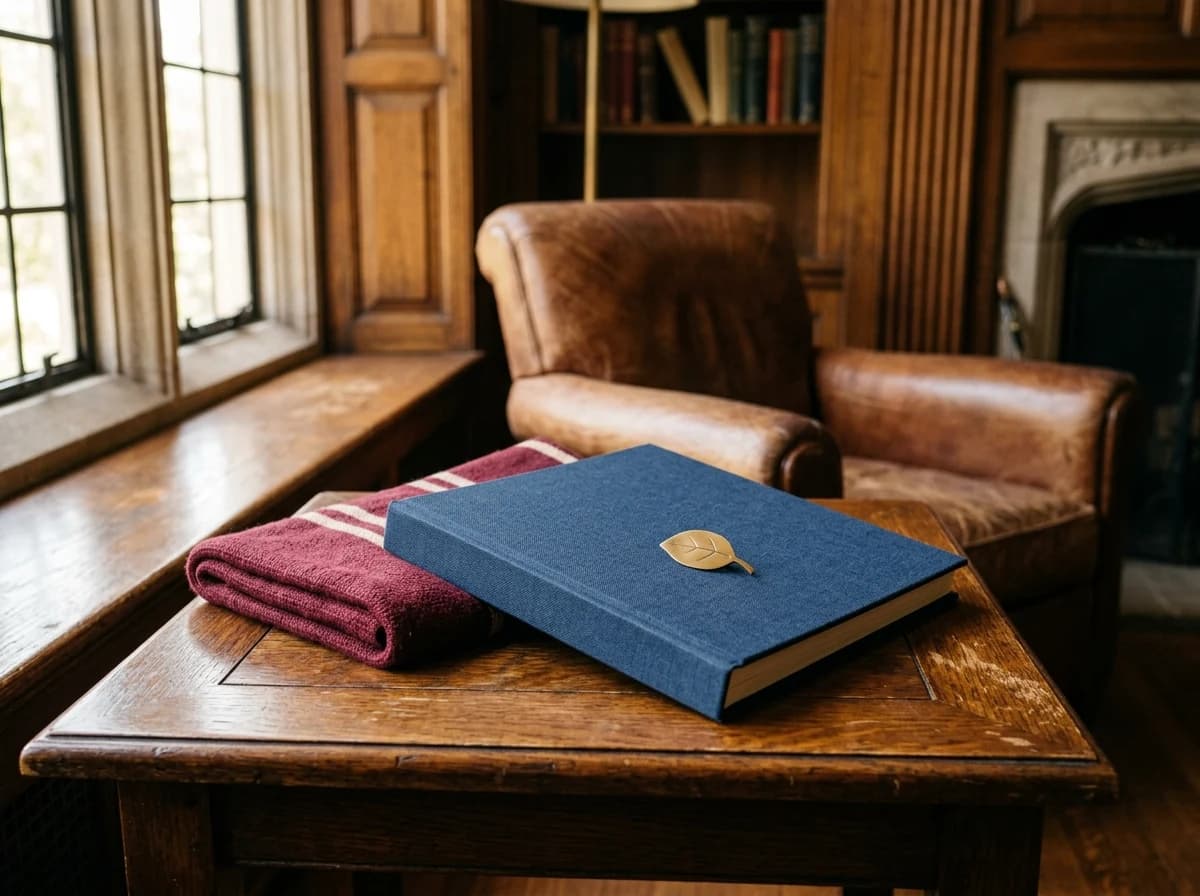 A clothbound memory album, woven scarf and simple lapel pin on a chapter-house table