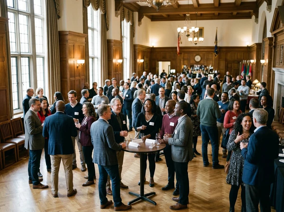 Diverse group of adult alumni, dressed in smart casual attire, engaging in lively conversation in a classic, spacious hall.