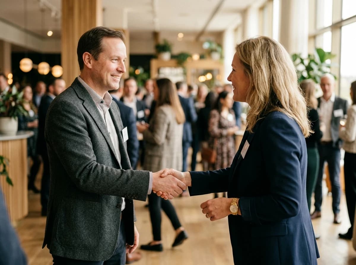 Two adult hands in a firm handshake, symbolizing connection and reunion, with blurred background of a formal event.