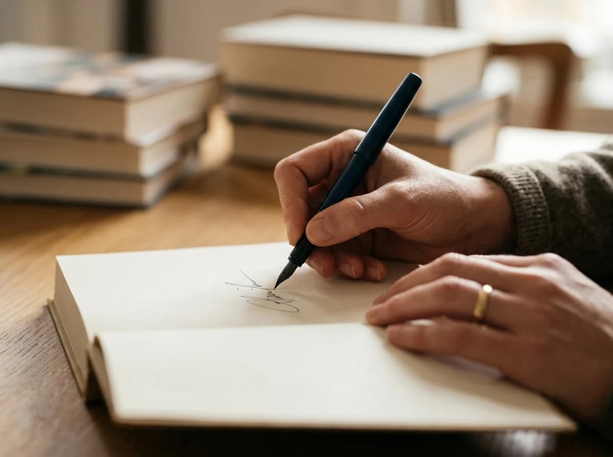 Author's hand signing a book, with blurred stacks of books in the background.