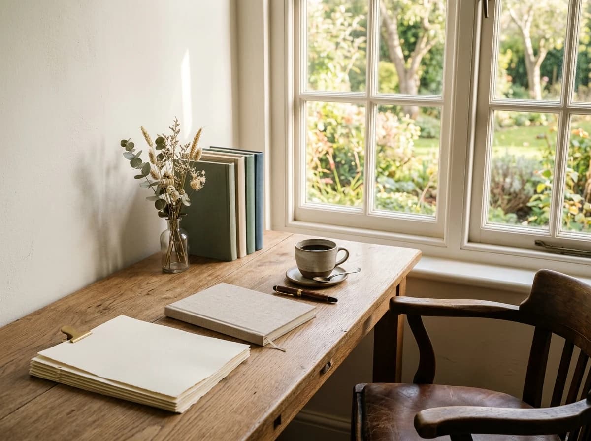 A warm writing desk with manuscript pages turned face down, a closed notebook, fountain pen and ceramic coffee cup.