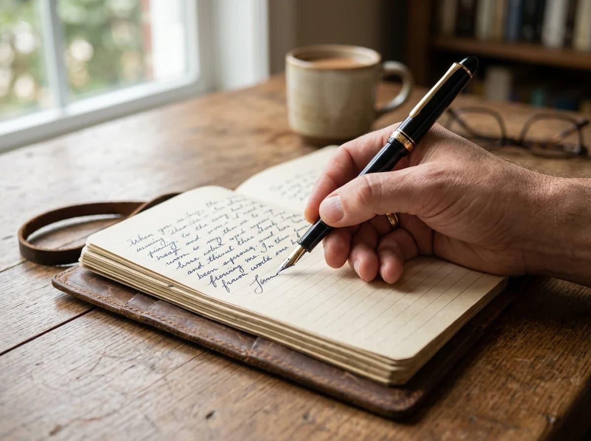 Close-up of a hand writing in a leather-bound notebook with a fountain pen.