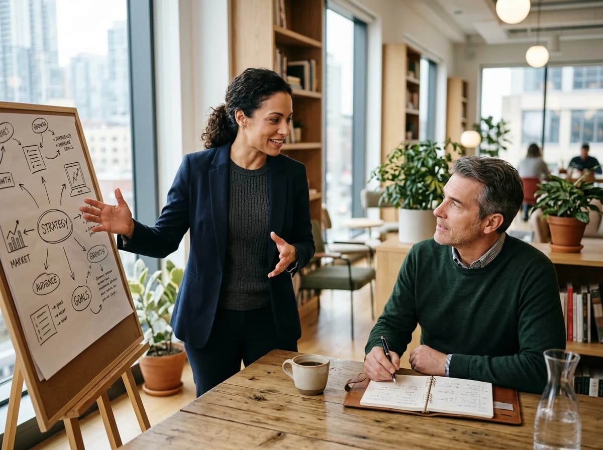 Freelancer presenting ideas to a client in a modern, collaborative meeting space with a confident demeanor.