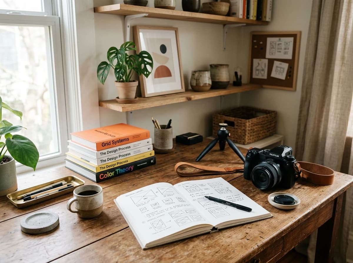 Organized and stylish freelance workspace with design sketches, professional camera gear, and plants.