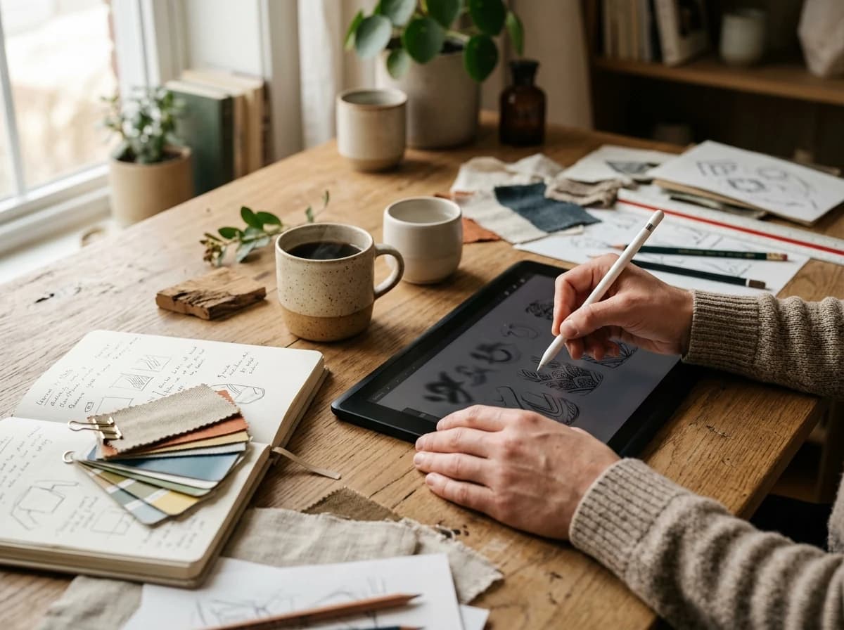 Freelancer's hands sketching designs on a tablet, surrounded by physical reference materials and coffee.