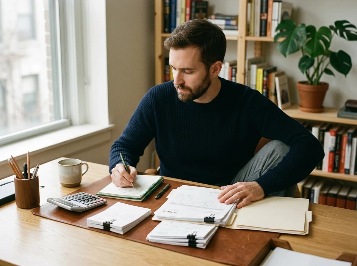 Focused freelancer organizing physical project documents and notes on a desk with a calculator.