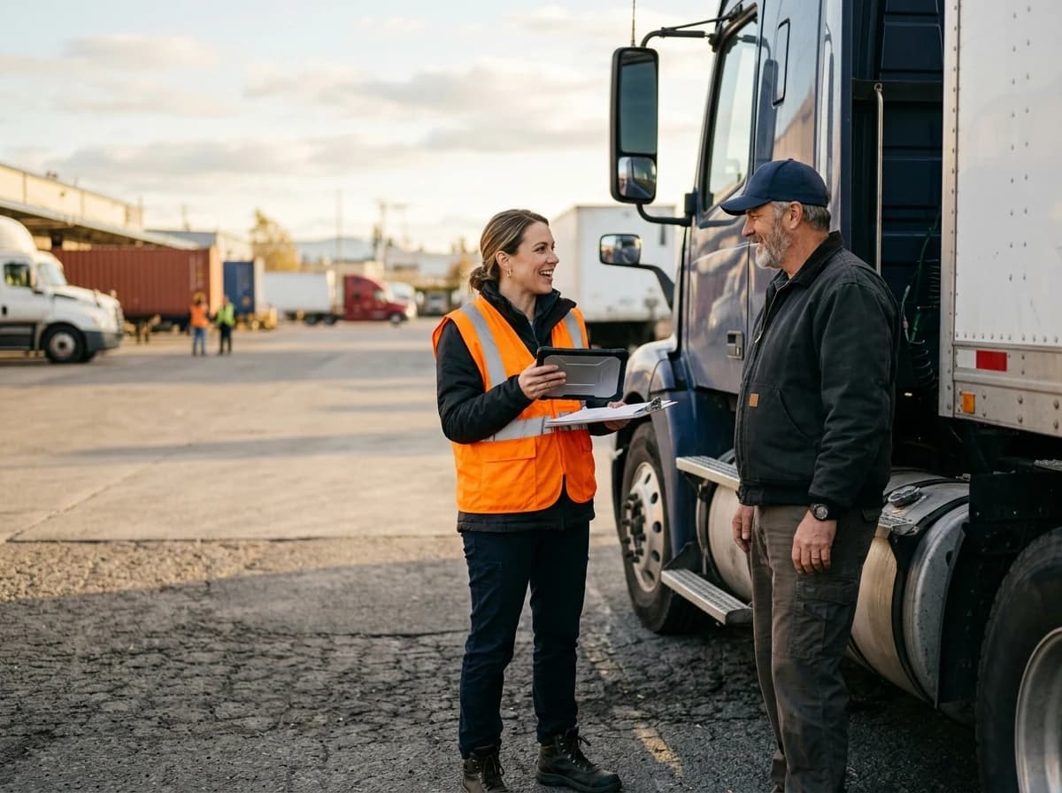 A freight coordinator speaking with a truck driver beside a parked truck.