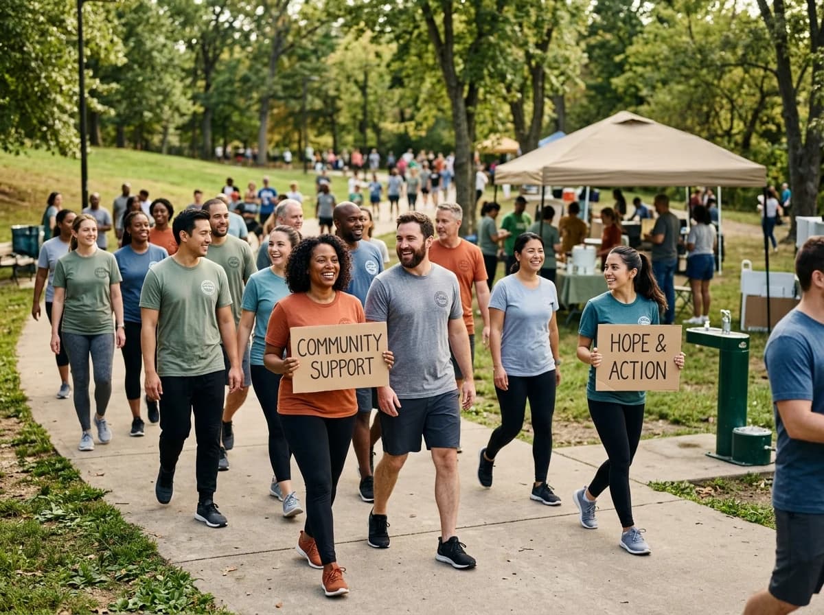 A diverse group of people participating in a positive, outdoor community fundraising walk.