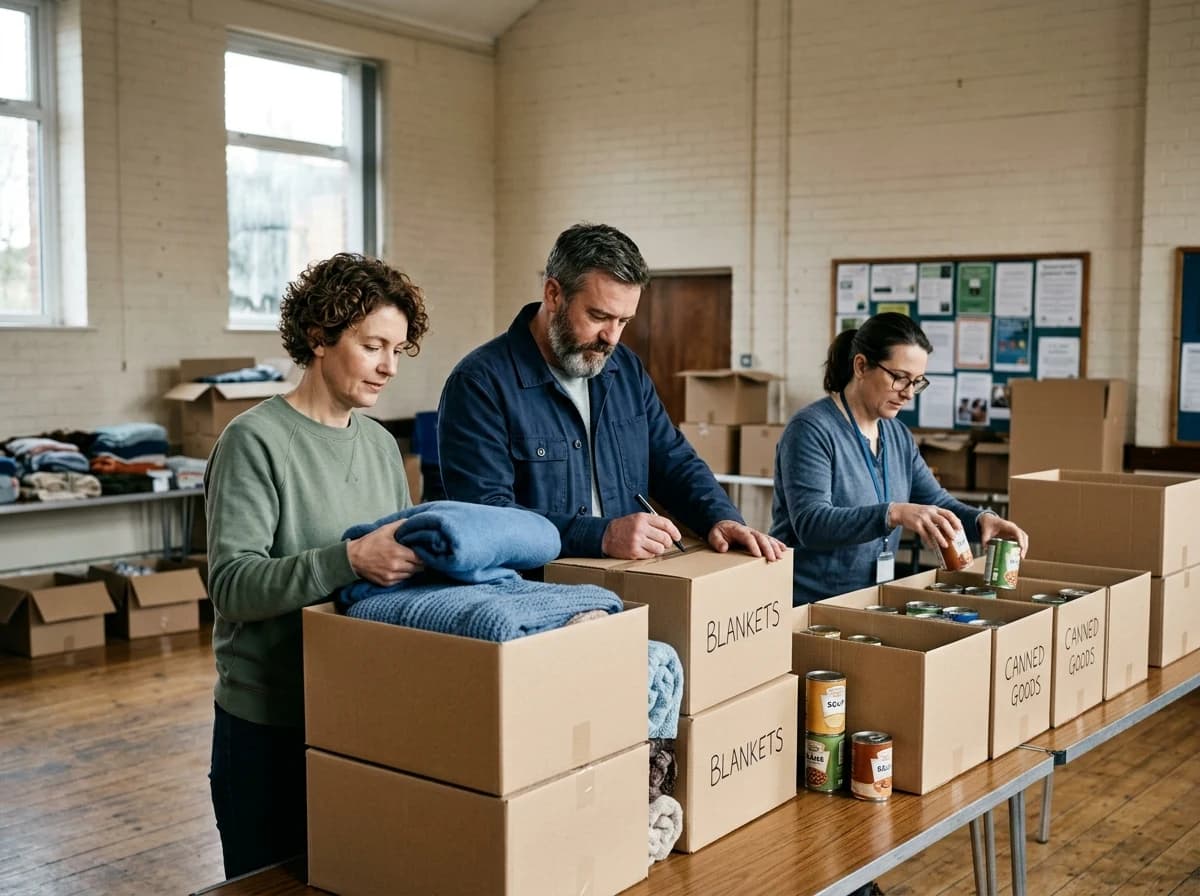 Three fictional adult volunteers sorting donated blankets and canned goods into neatly organized plain boxes at a community center