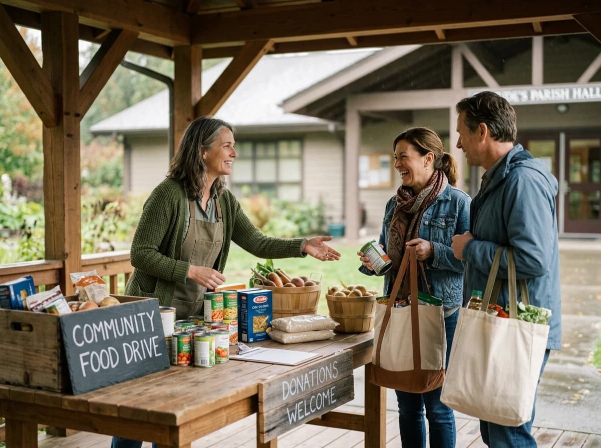 Fictional adult volunteer welcoming two adults with reusable bags to a community food collection table under a covered porch