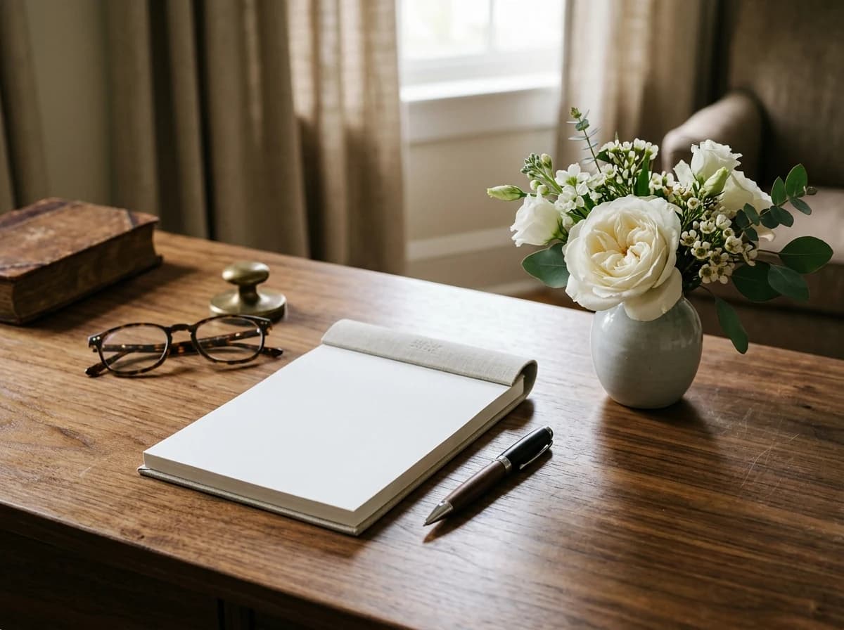 Desk with a notepad, pen, and a comforting floral arrangement for planning services.