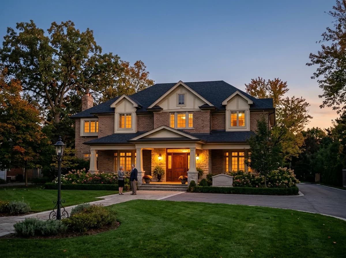 Elegant, well-maintained funeral home exterior at dusk, with soft, inviting lights.