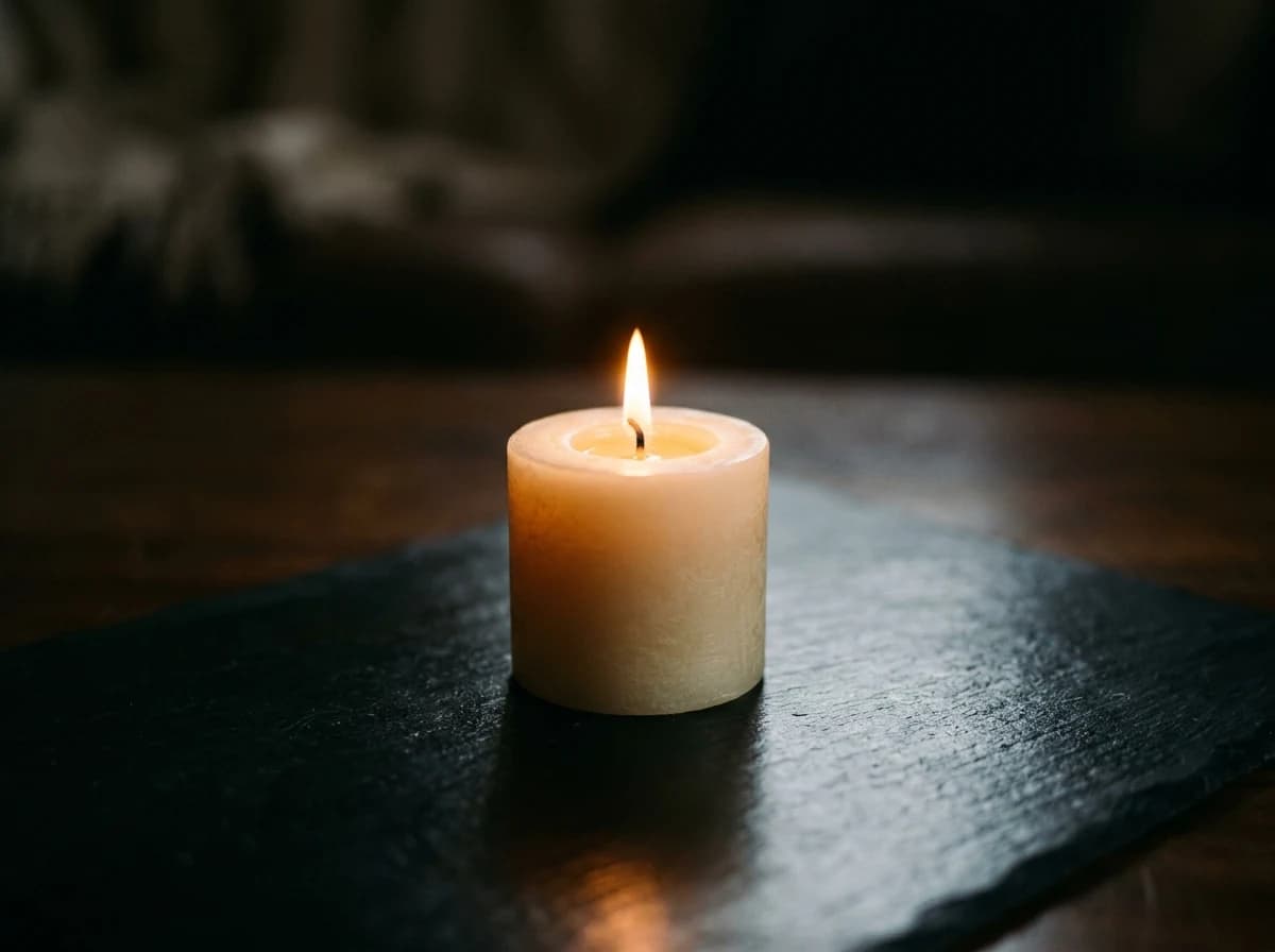 Single lit memorial candle on a dark, reflective surface, symbolizing remembrance.