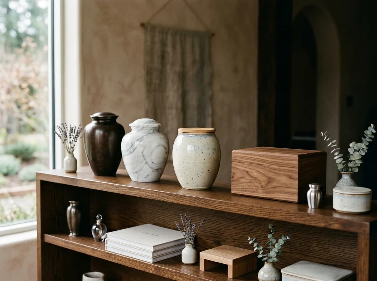 Tasteful display of various urns and memorial keepsakes in a quiet showroom.