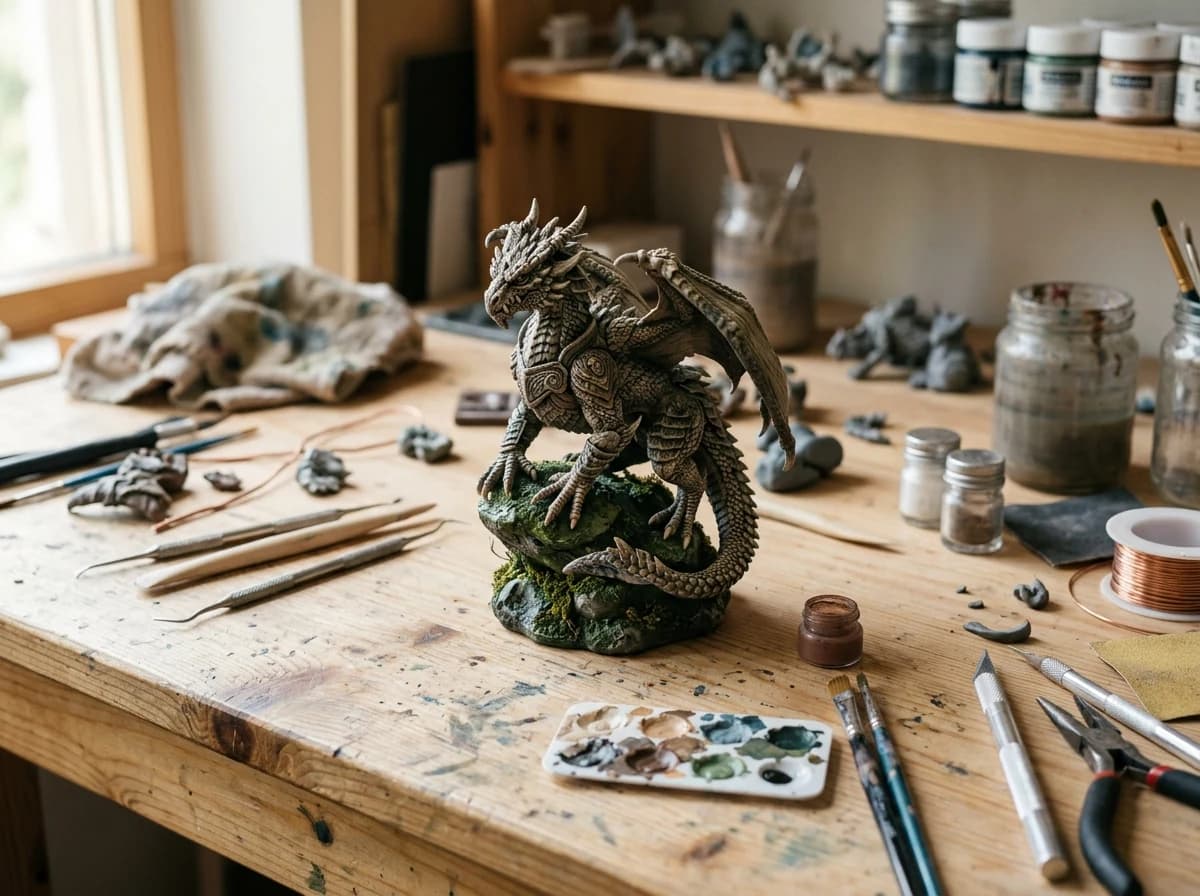 Close-up of a meticulously crafted, tangible miniature sculpt of a fantastical game character or creature, resting on a clean workbench with various sculpting tools nearby.