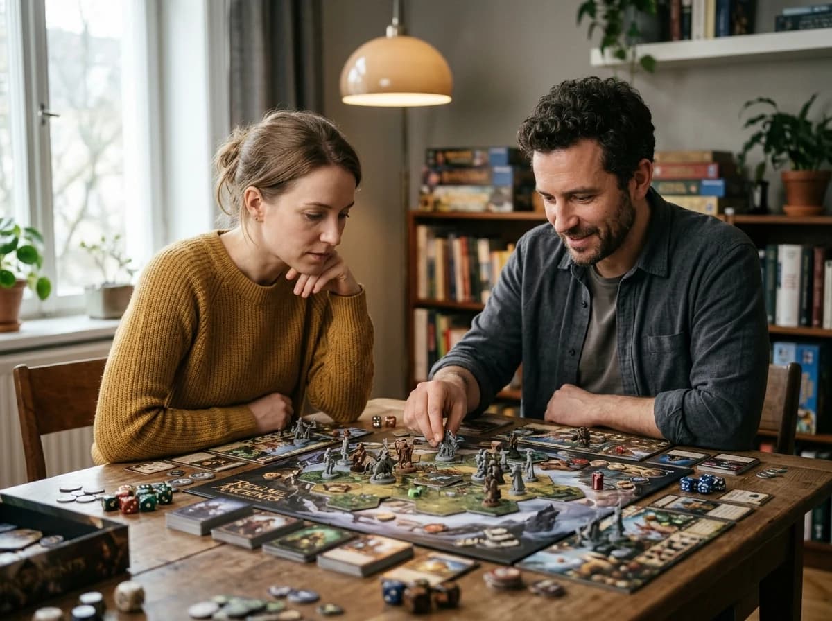 Two adults deeply engaged in playing a physical board game version of a video game concept, with intense focus and interaction, surrounded by game pieces and cards.