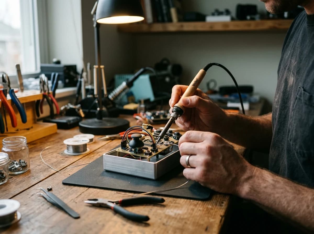 Focused shot of a game developer's hands working on a physical prototype or wiring a custom controller, with a soldering iron or small electronic components, illuminated by a task light.