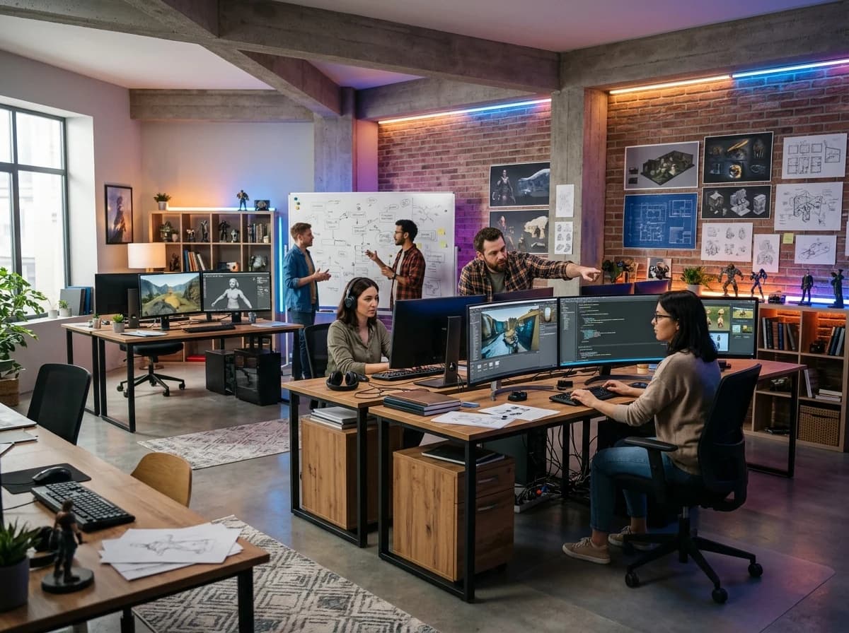 Wide shot of a modern game development studio, with multiple desks, large monitors displaying 3D models and code, vibrant ambient lighting, and scattered concept art on corkboards, suggesting a collaborative environment.
