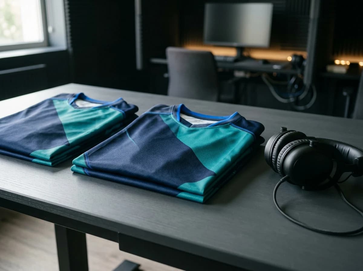 Folded navy and teal esports jerseys with geometric color panels on a dark textured table.