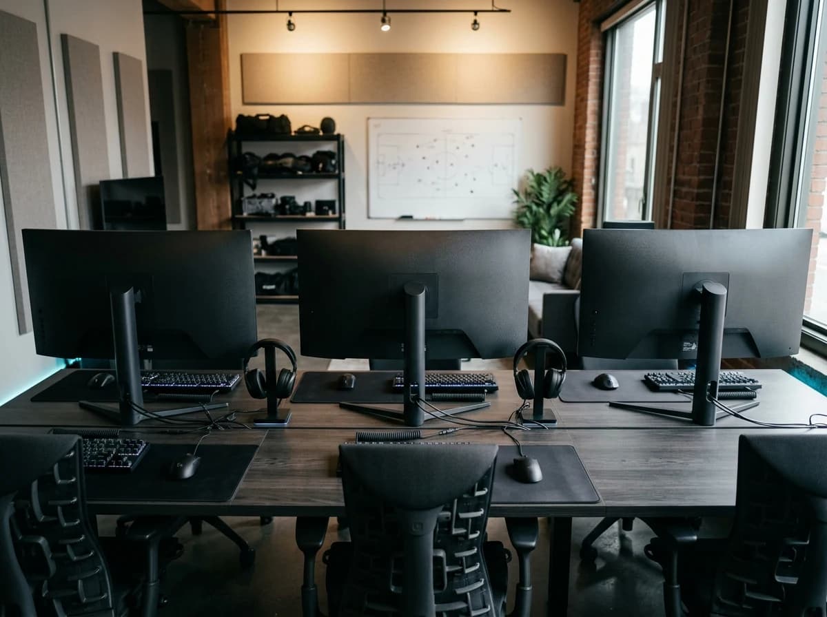 Organized esports practice desks with keyboards, headsets and monitors viewed from behind under subtle accent lighting.