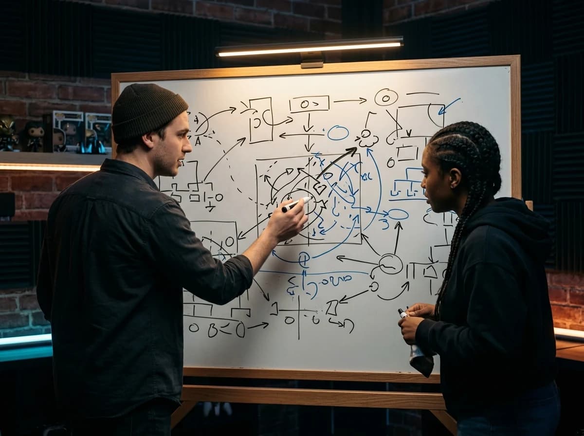 Two gamers in a dimly lit room, discussing strategy with a whiteboard and markers.