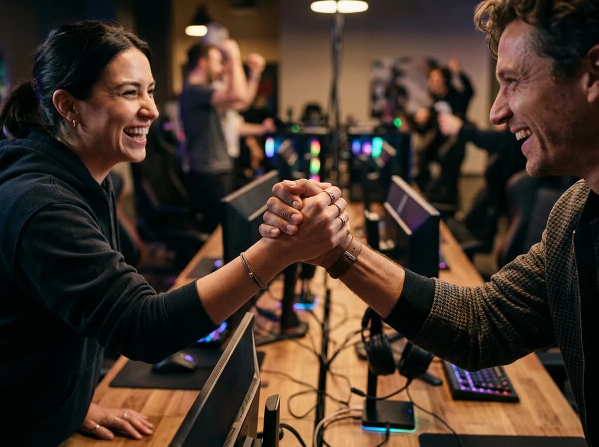 Two sets of hands meeting in a celebratory handshake over a blurred gaming keyboard.