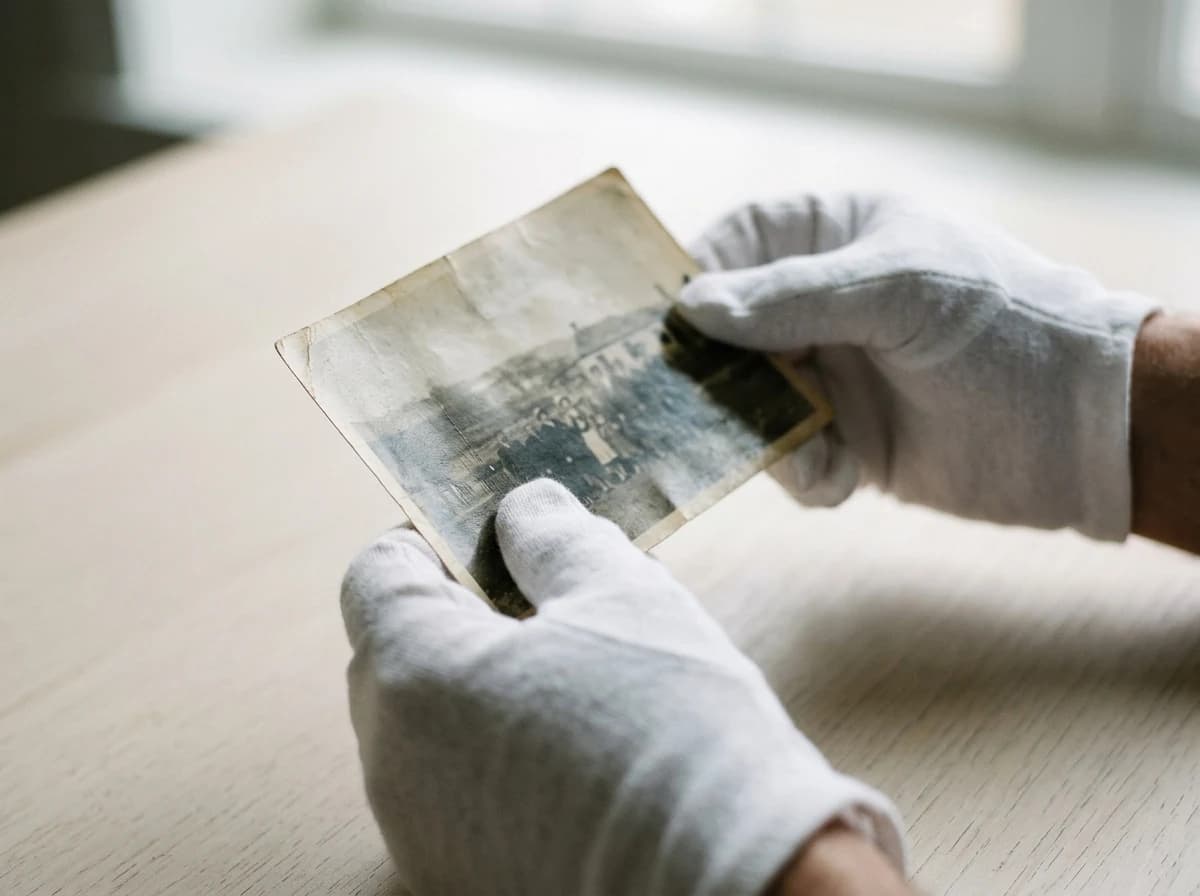 Careful hands holding and examining a faded, vintage black and white photograph.