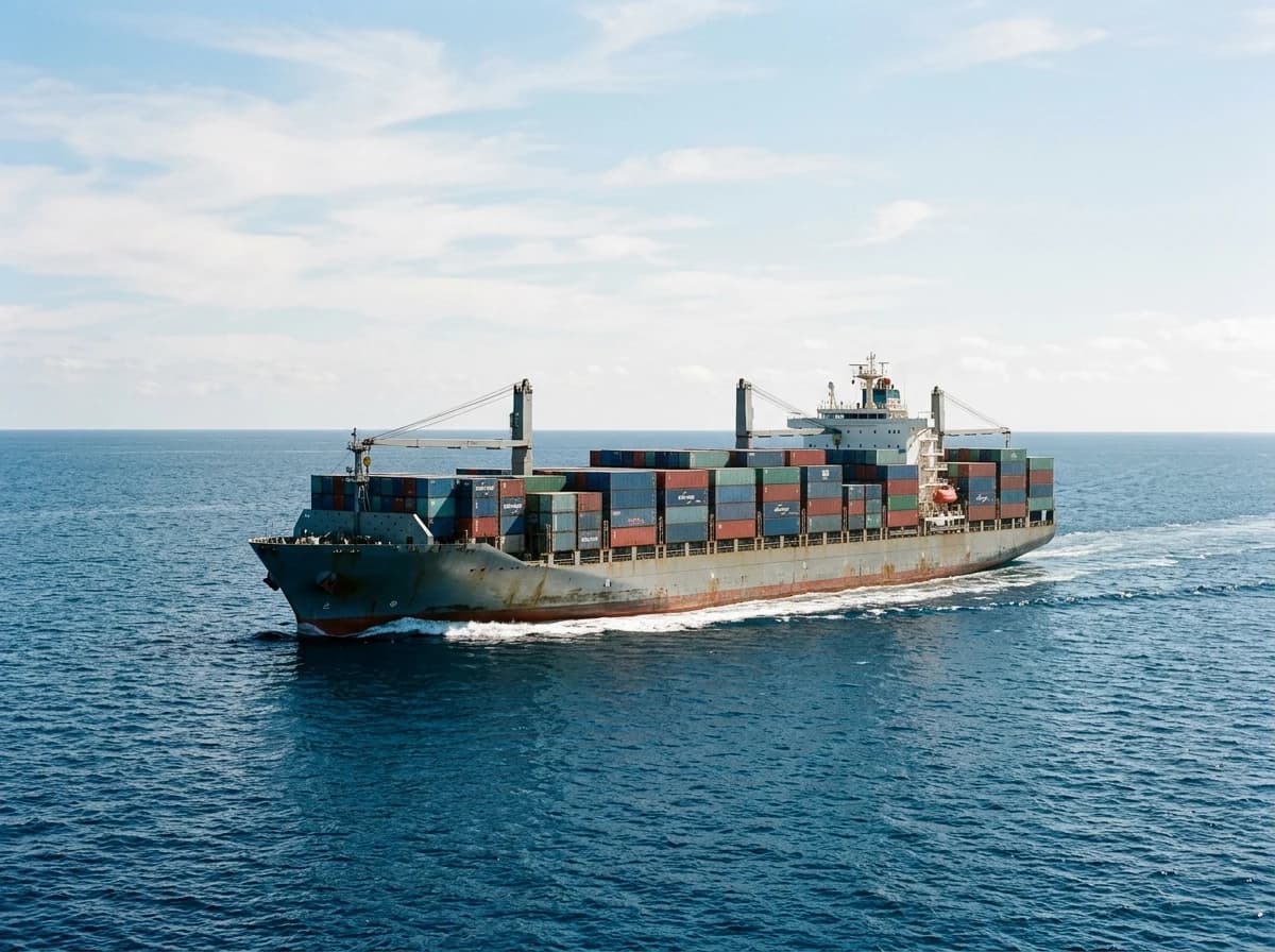 Massive cargo ship traversing calm open ocean under a clear sky.
