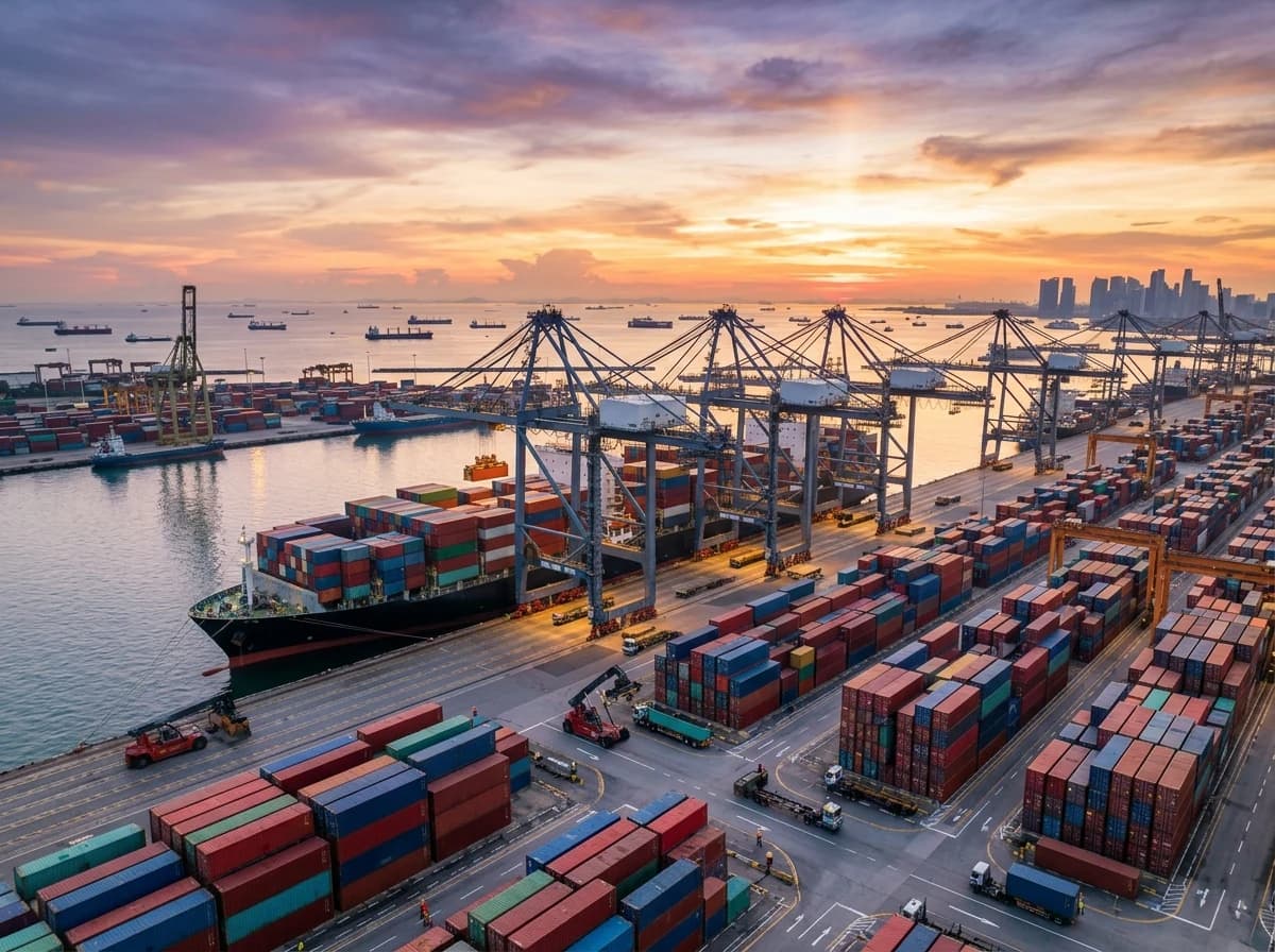 Vast container port at sunrise, cranes loading ships, global trade.