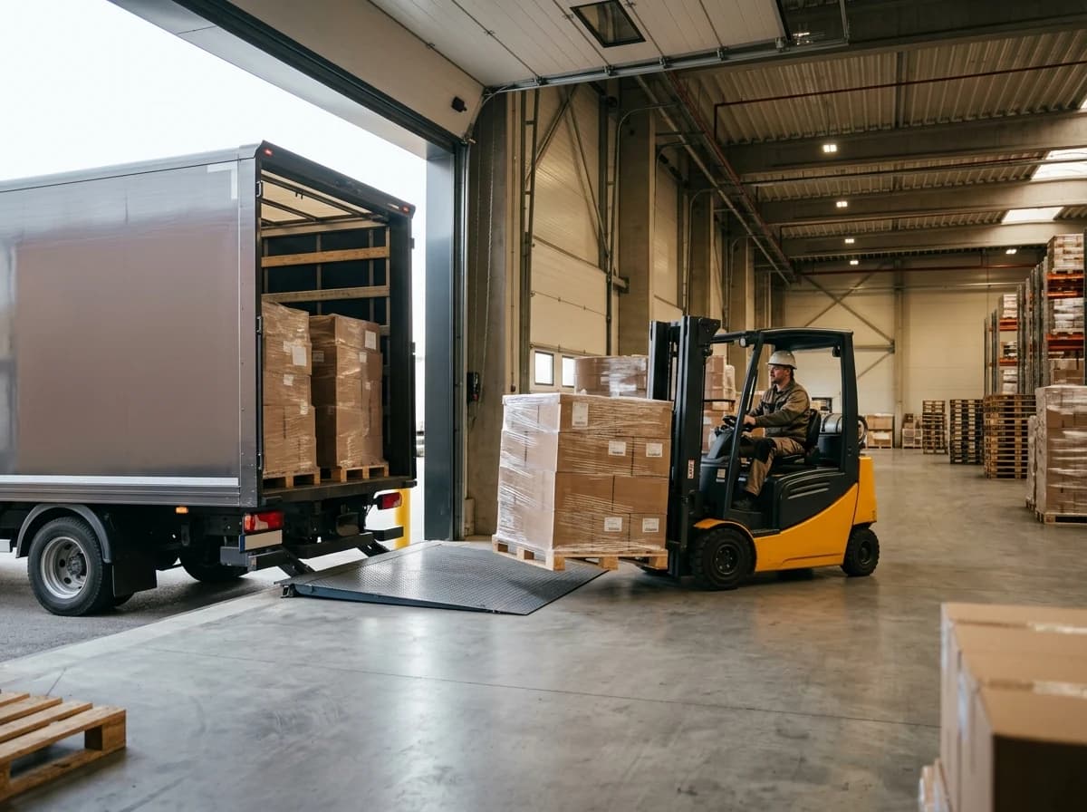 Freight truck unloading cargo at a warehouse loading dock, efficient delivery.
