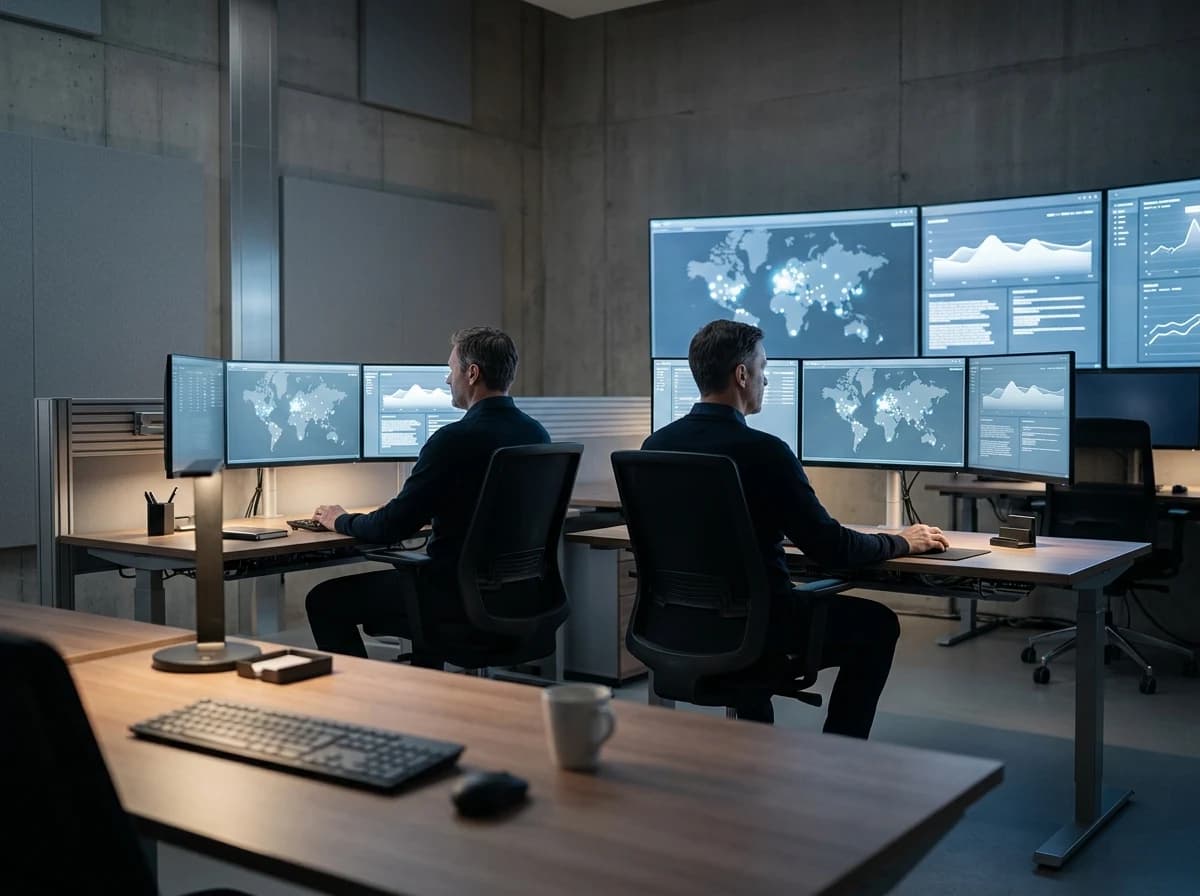 Operators monitoring global shipping routes on multiple screens in a control room.