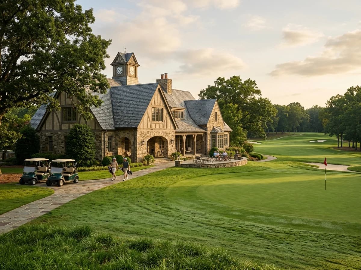 Historic golf course clubhouse with traditional architecture, lush green lawn, and clear blue sky.