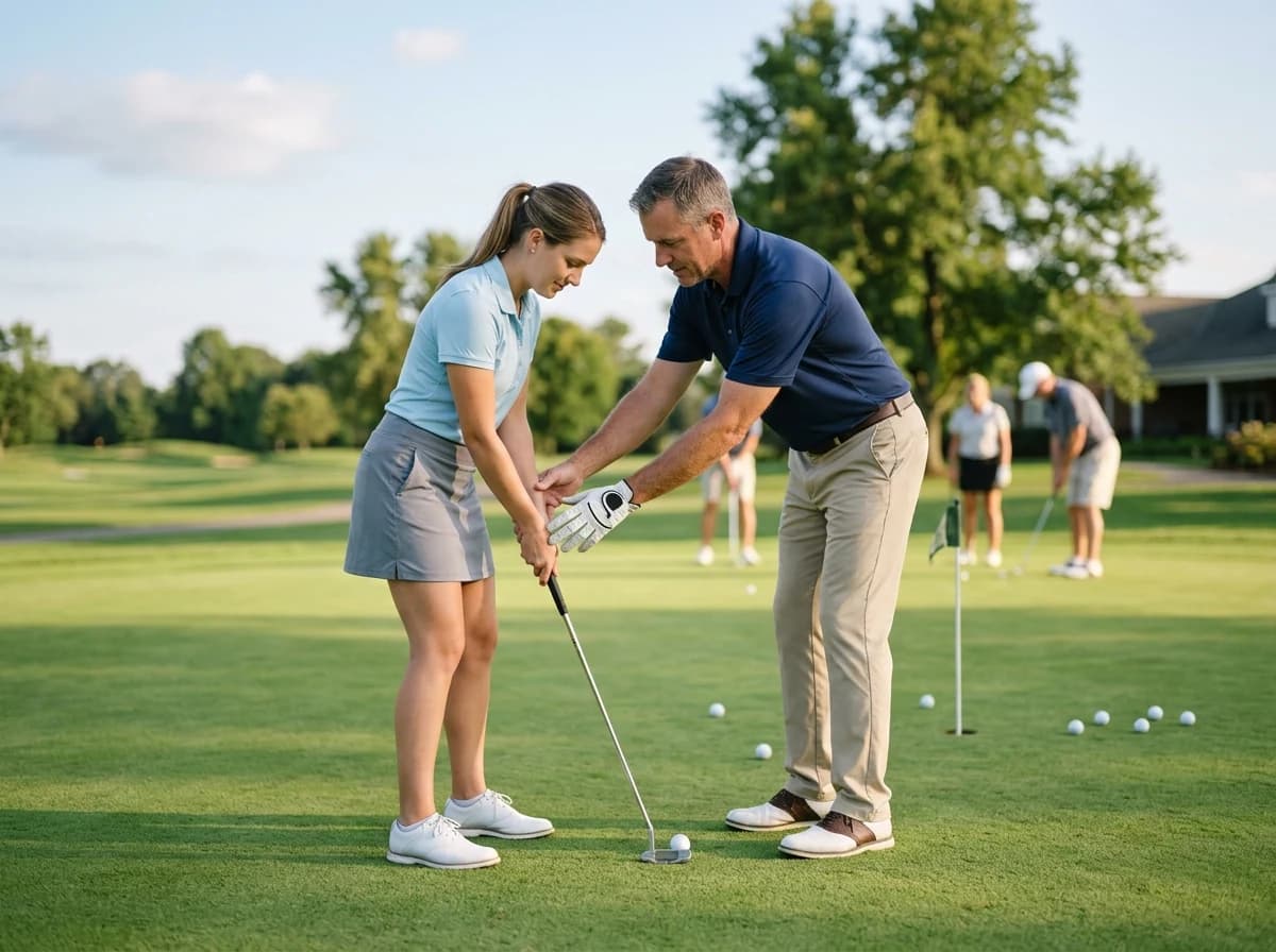 Professional golf instructor demonstrating swing technique to a focused student on a practice green.