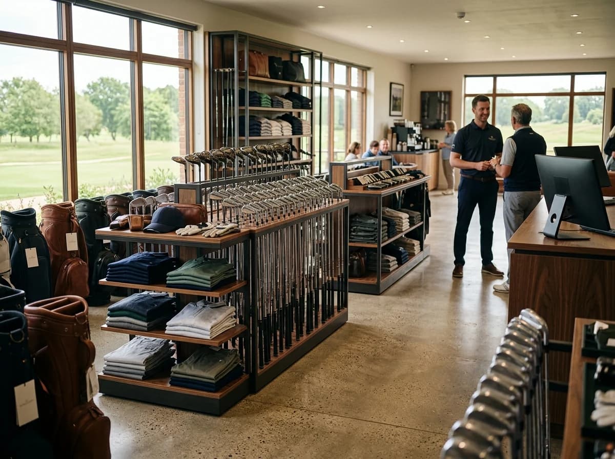 Modern golf pro shop interior with neatly displayed clubs, apparel, and accessories on wooden shelves.