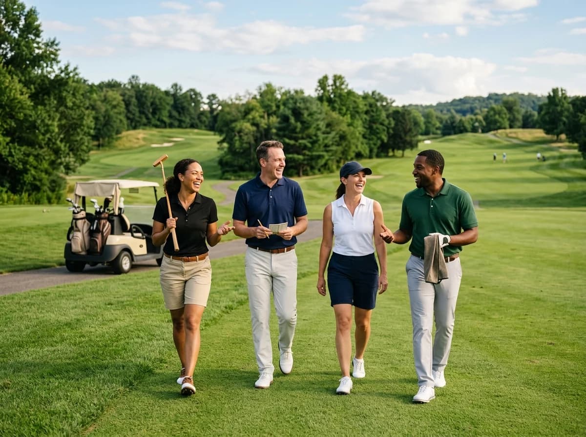Diverse group of friends smiling and interacting on a golf course during a friendly tournament.