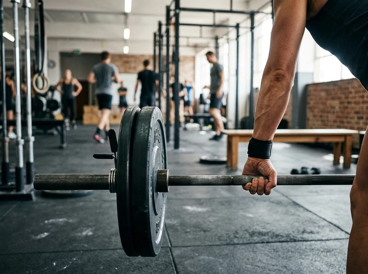 A focused shot of an adult's hands gripping a barbell with weight plates, mid-lift, showing concentration and strength. The gym background is softly blurred, emphasizing the physical effort and the equipment.
