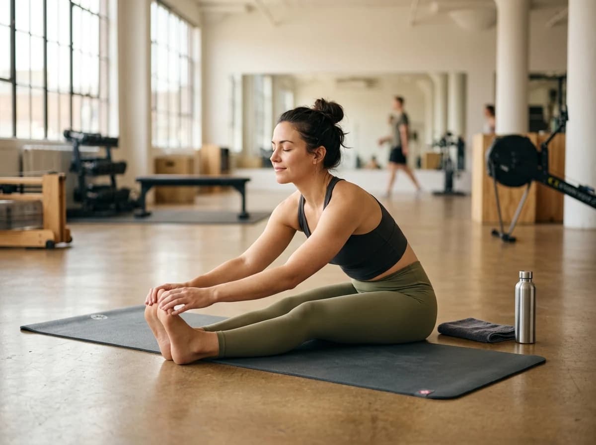 An adult engaged in a calm, post-workout stretch on a yoga mat in a spacious gym. The person is performing a gentle cool-down, showing relaxation and recovery in a well-lit, serene area of the gym.
