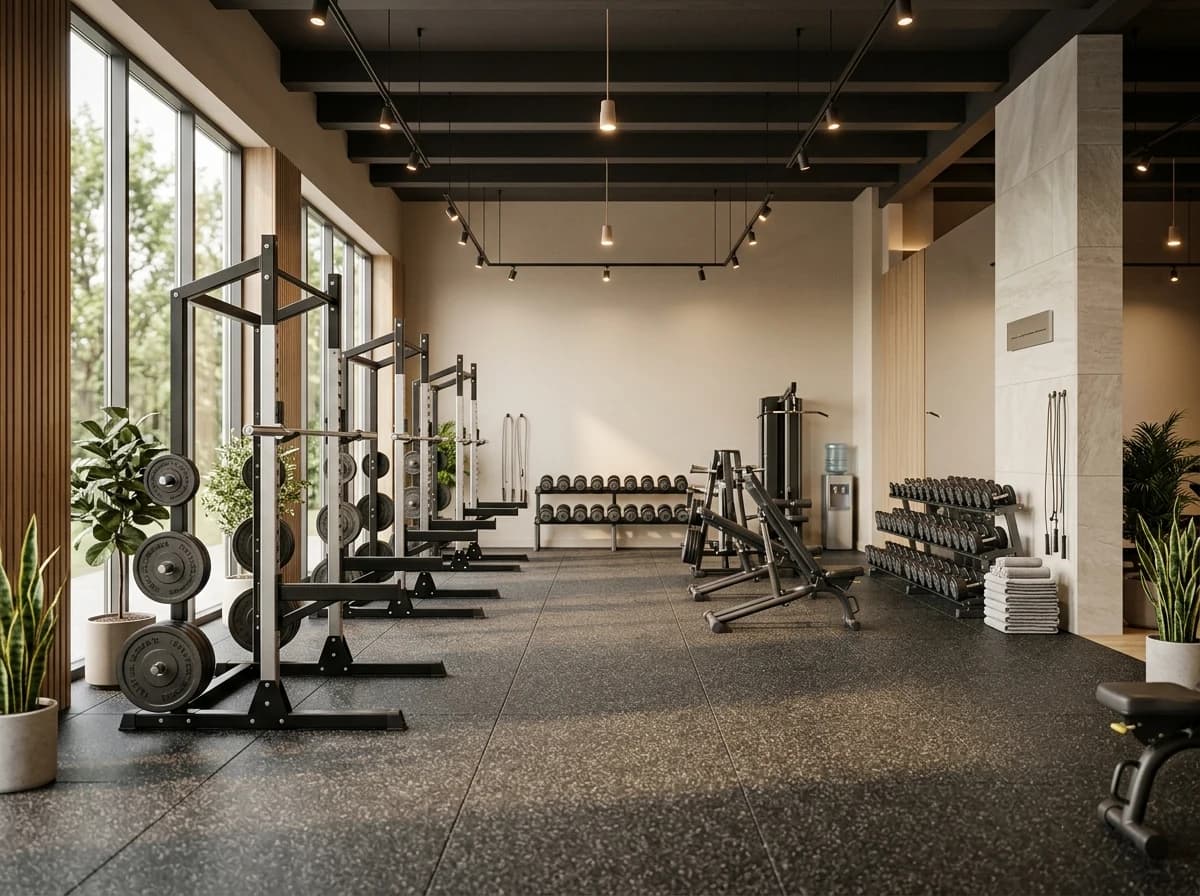 A wide shot of a modern, well-lit gym interior featuring a variety of high-quality, clean strength training equipment like squat racks, barbells, and free weights, arranged neatly on rubber flooring. The space is functional and inviting, ready for use.