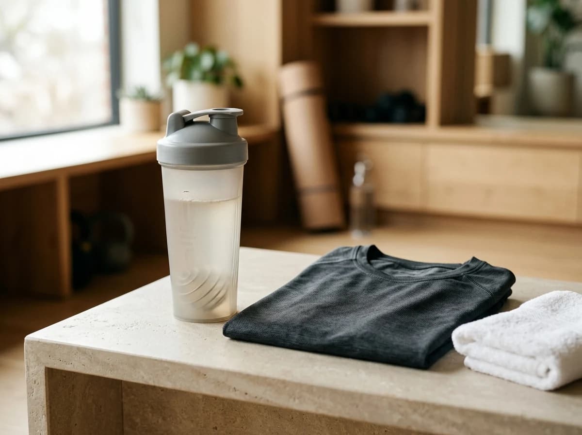 A still life arrangement of gym merchandise: a clean, branded shaker bottle with protein powder, a folded, dark-colored athletic t-shirt, and a small, white hand towel, all placed on a smooth, neutral surface, suggesting a gym's pro shop.