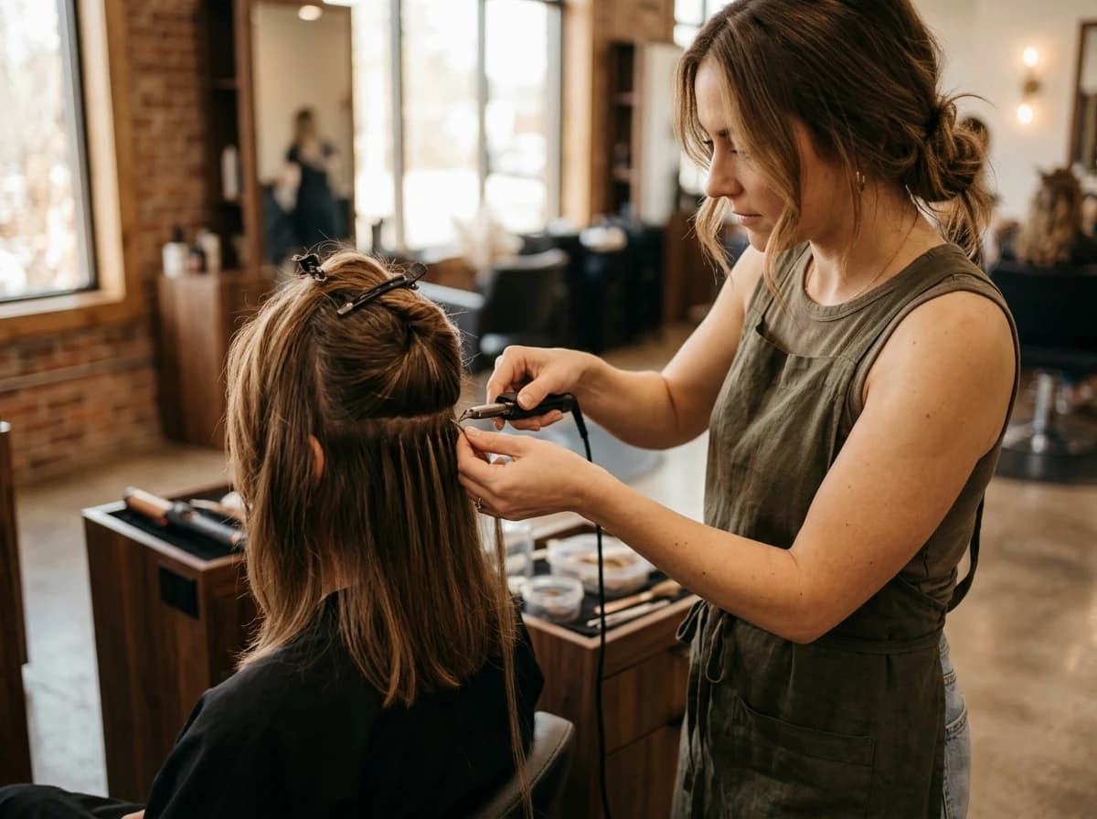 Professional stylist carefully applying hair extensions to a client's hair, demonstrating expert technique.