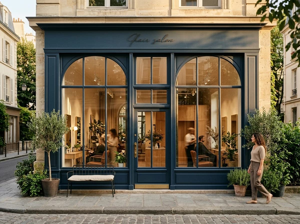 A chic, inviting hair salon exterior with a clean facade and warm lighting, at golden hour.