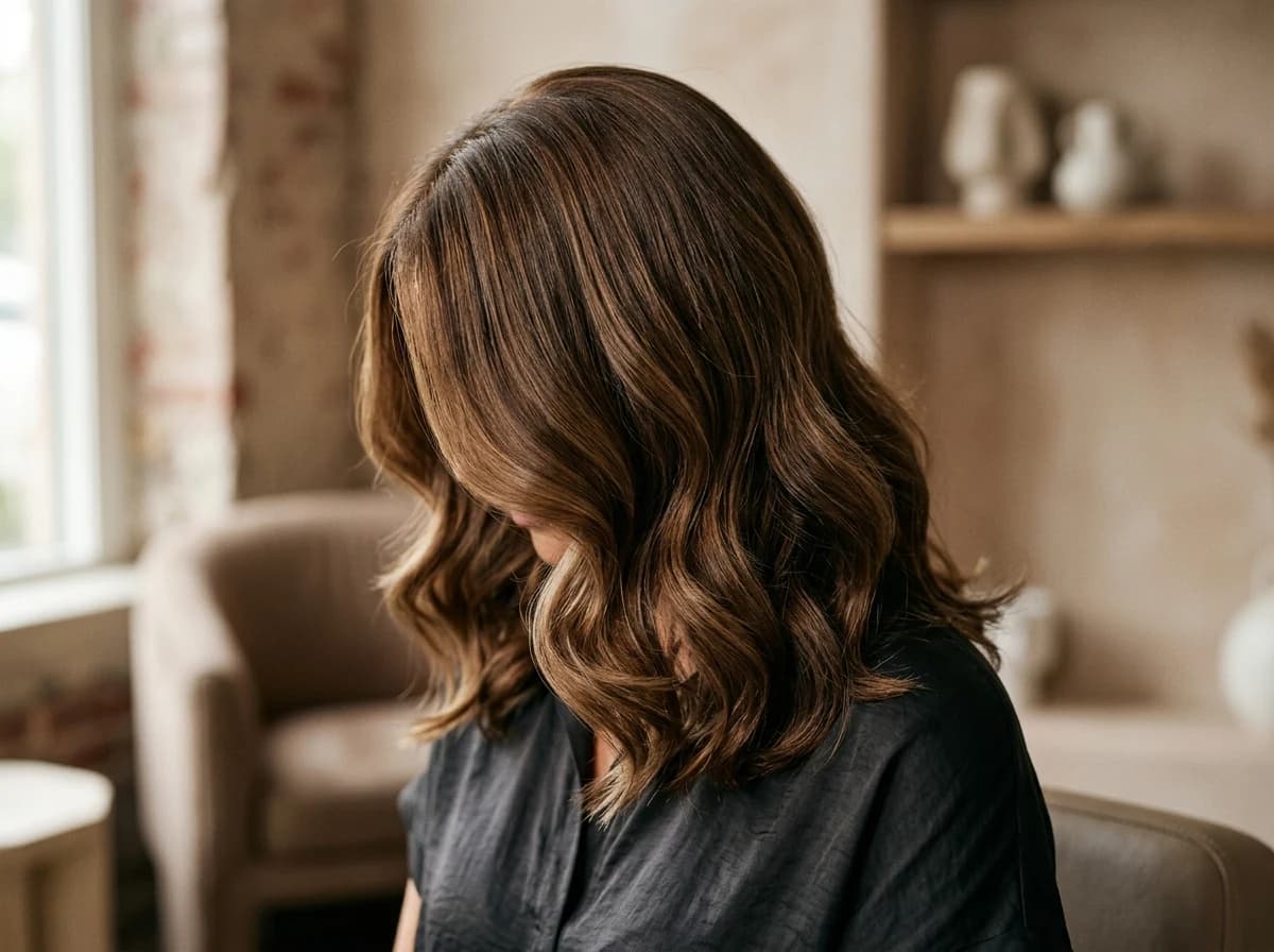 An elegant, close-up shot of a client's freshly styled, glossy hair, showing texture and movement.
