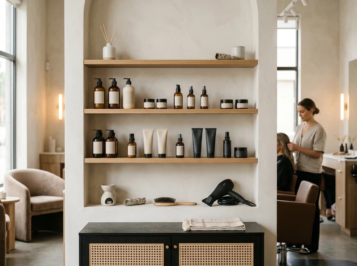 A beautifully arranged retail display of high-end hair care products on minimalist shelves in a salon.