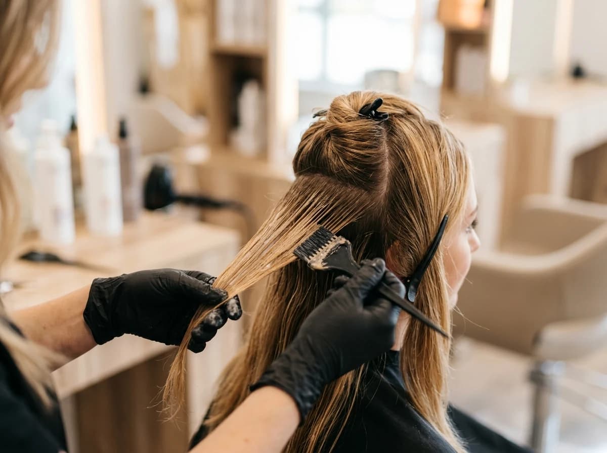 Close-up of a stylist's hands expertly applying hair color to a client's hair with a brush.