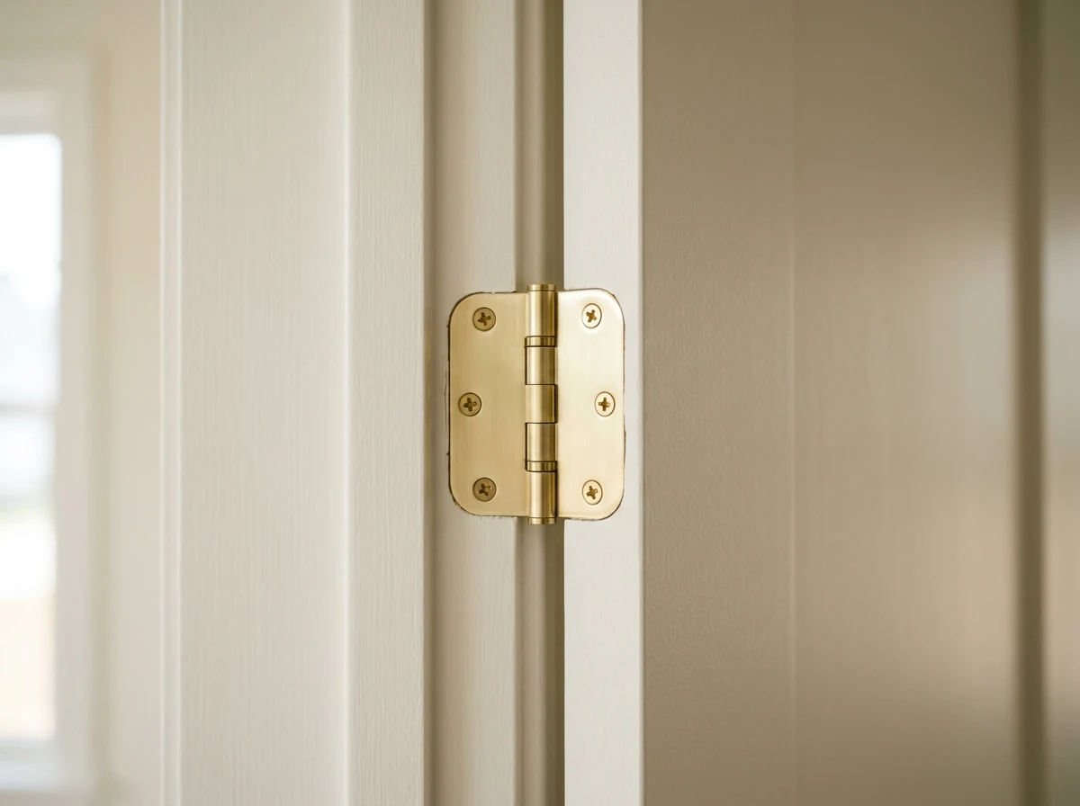 A close-up detail of a freshly painted interior door with a new, gleaming metal hinge, showing a crisp, clean finish and meticulous attention to detail.