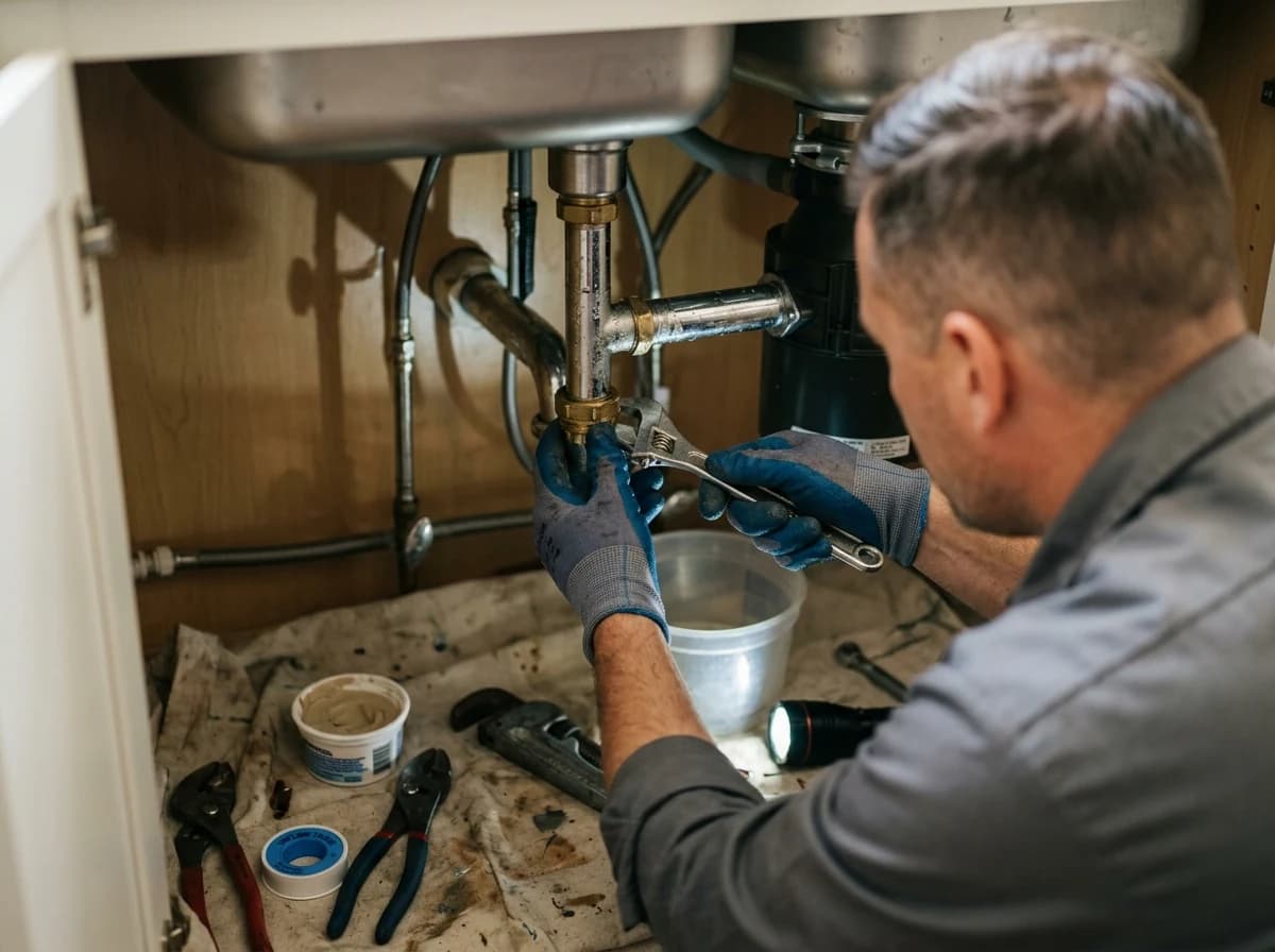 A handyman's hands, wearing work gloves, carefully tightening a pipe connection under a kitchen sink with a wrench, focusing on the repair process.
