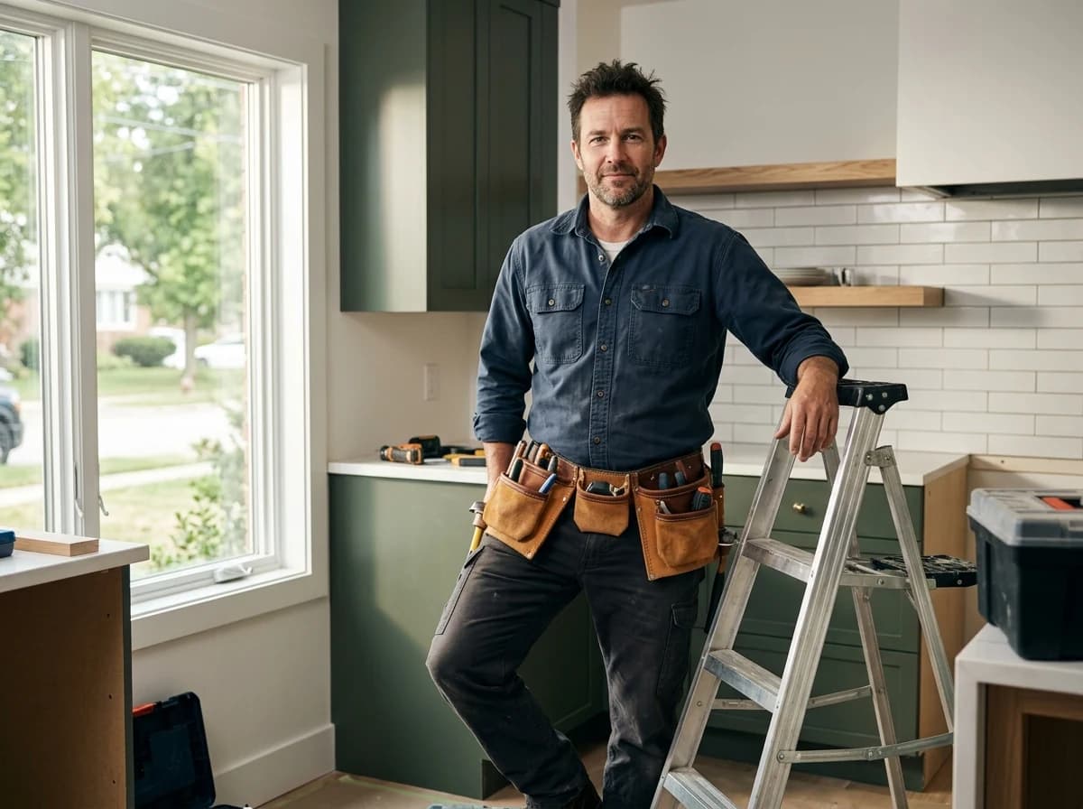 An adult handyman, wearing a practical work shirt and a loaded toolbelt, standing confidently beside a stepladder in a brightly lit residential kitchen, ready for work.